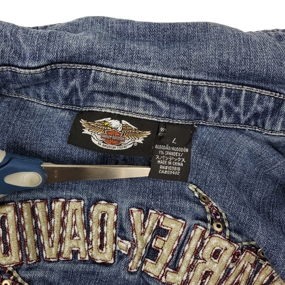 HARLEY DAVIDSON Jean Jacket Embroidered Logo Spell Out Studded - Picture 6 of 10